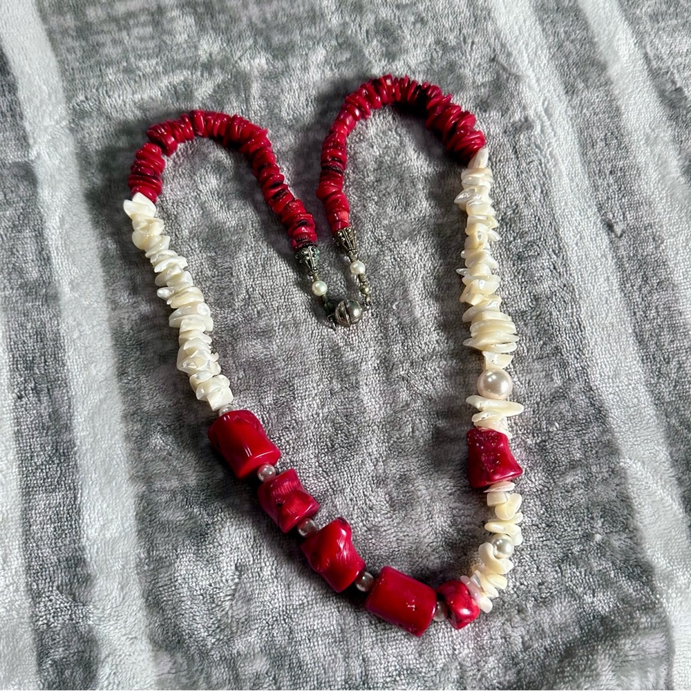 Chucky Statement Necklace 26” Long Red Coral Shells Pearls Magnetic Clasp - Picture 13 of 15